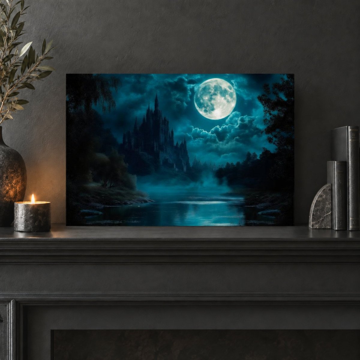 a serene night scene with a castle illuminated by a full moon, surrounded by a misty landscape and a calm lake.