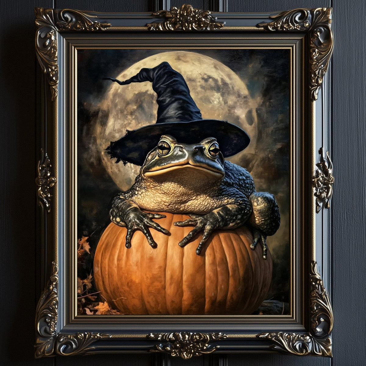 A frog wearing a witch's hat sits atop a pumpkin, with a full moon in the background.