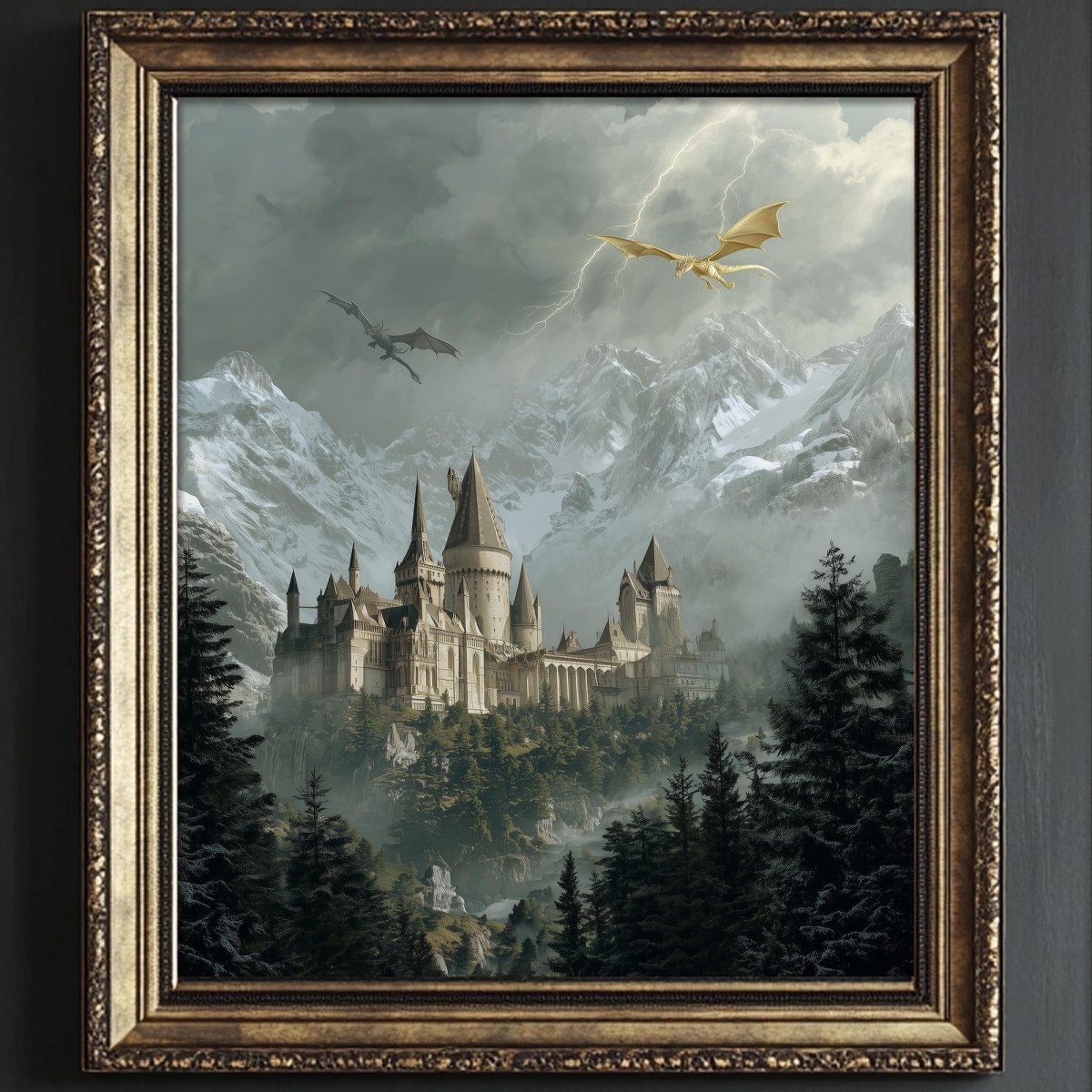 A framed image depicting a castle surrounded by a misty, mountainous landscape with a dragon flying overhead.