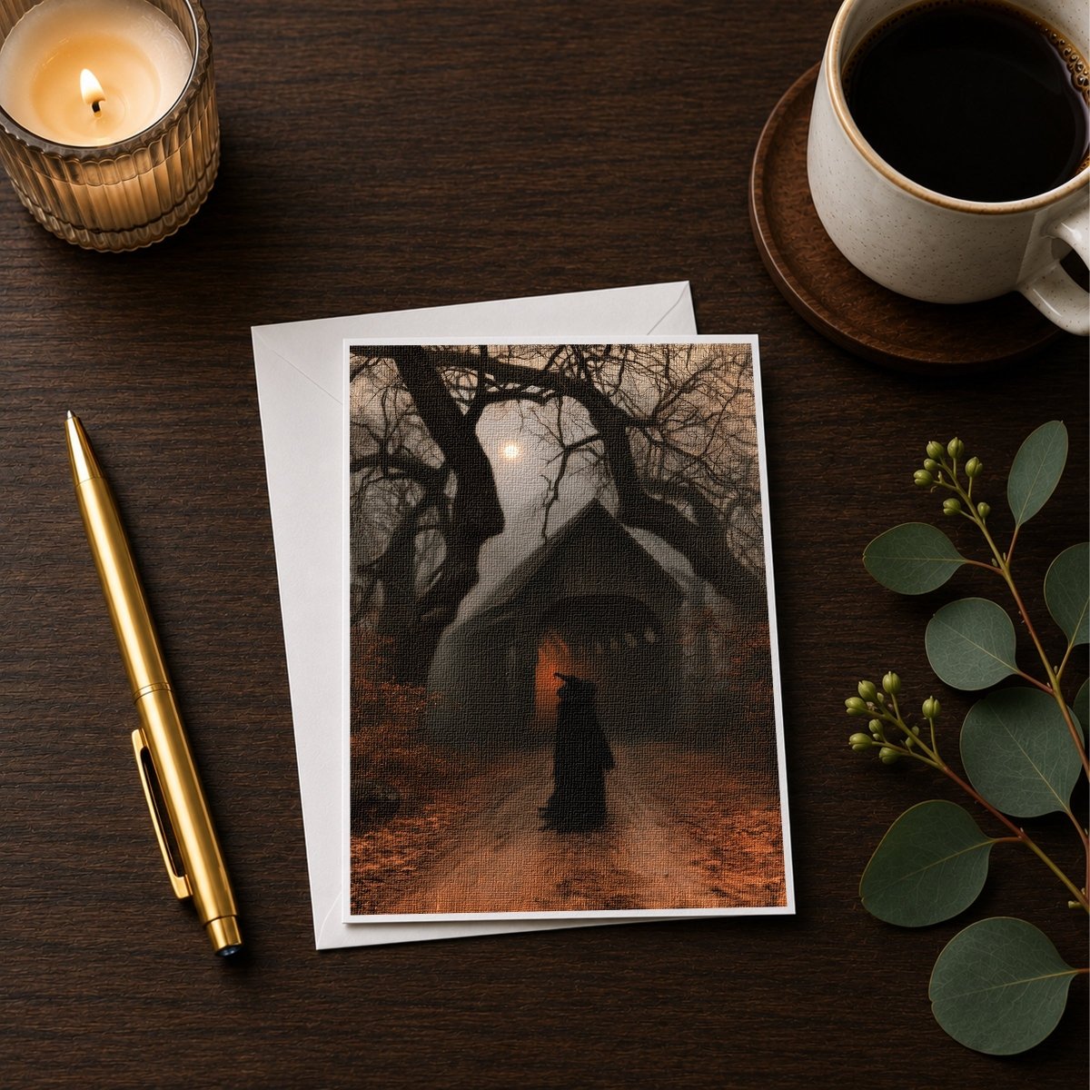 Witch at covered bridge Halloween note card styled with a candle, pen, and coffee cup on a wooden desk