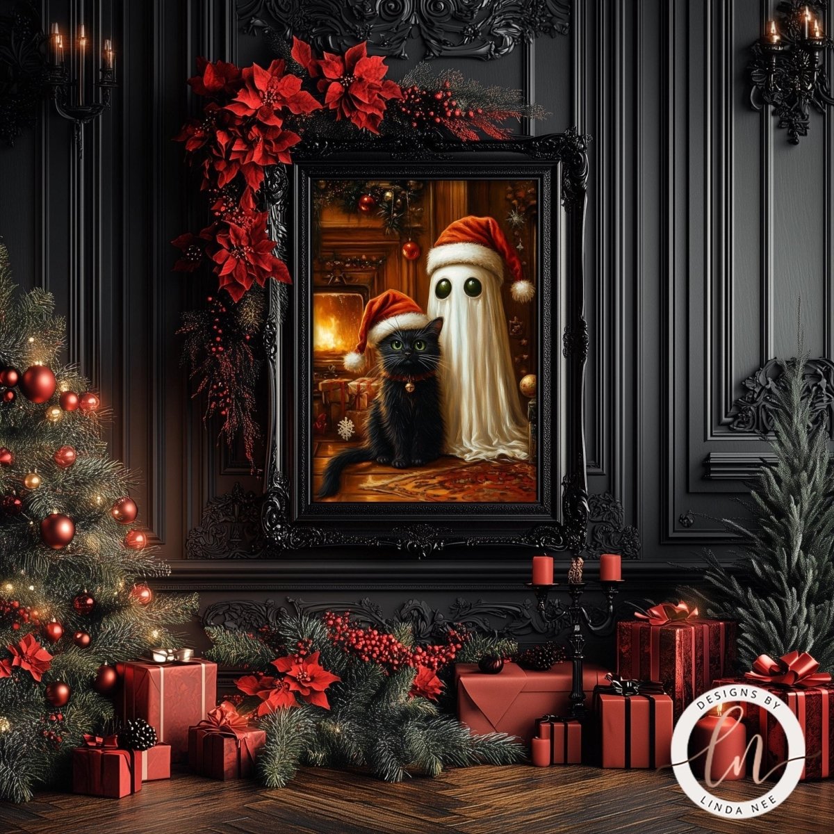 Witchy Yule wall art displayed with poinsettias, a decorated tree and red presents