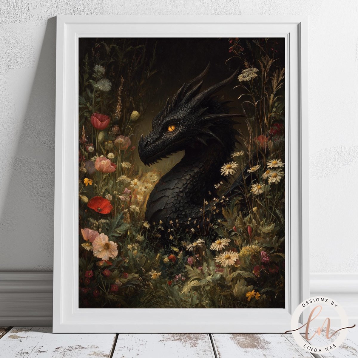 A framed painting depicting a black dragon surrounded by a lush, colorful garden filled with flowers and foliage.