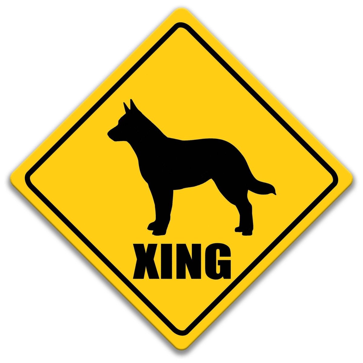 A yellow diamond-shaped sign with a black silhouette of a dog and the word "XING" below it.