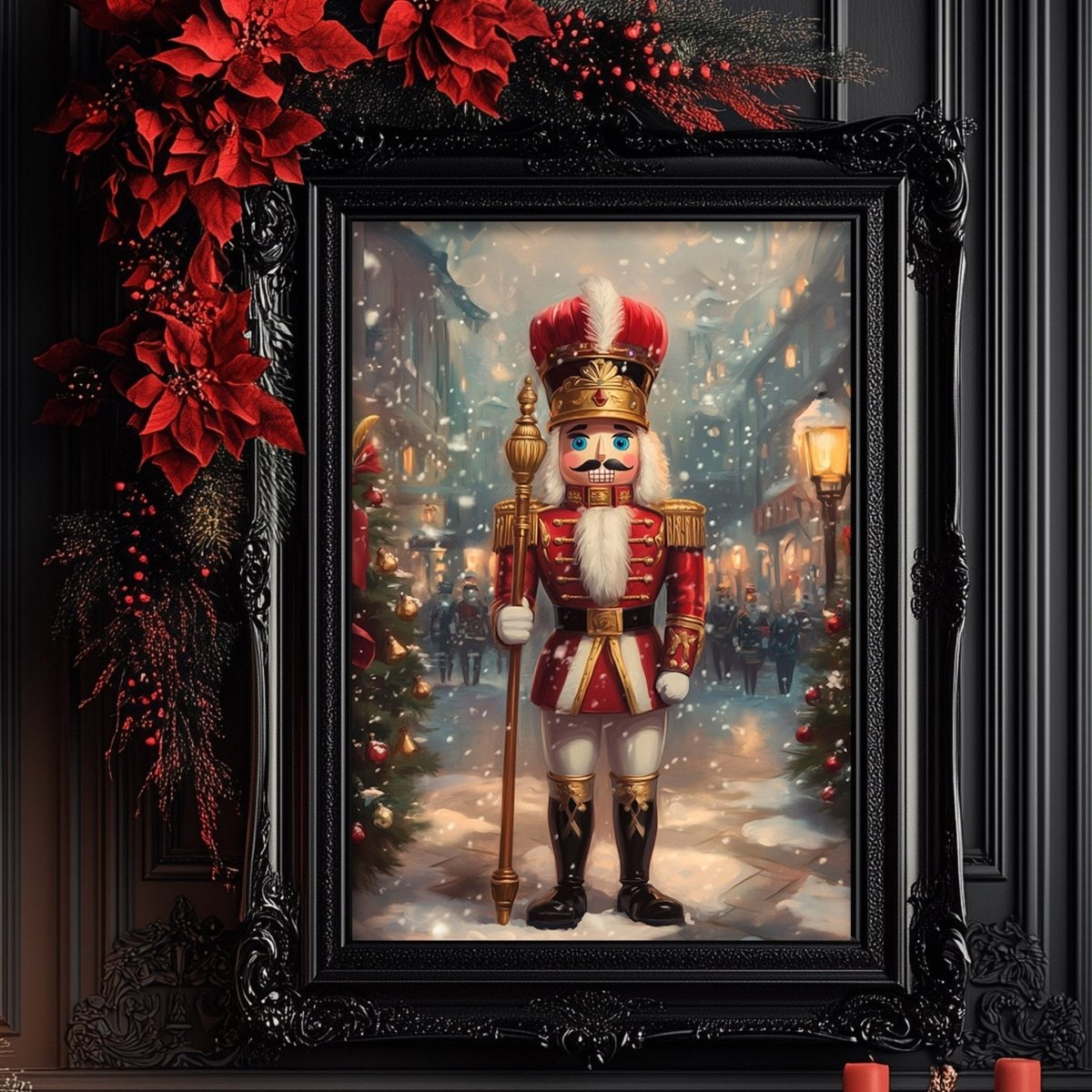 Nutcracker soldier in a red and gold uniform standing in a snowy village street