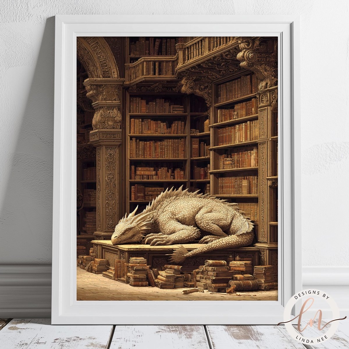 A large, detailed dragon sculpture is depicted in a library setting, surrounded by bookshelves and a wooden archway.