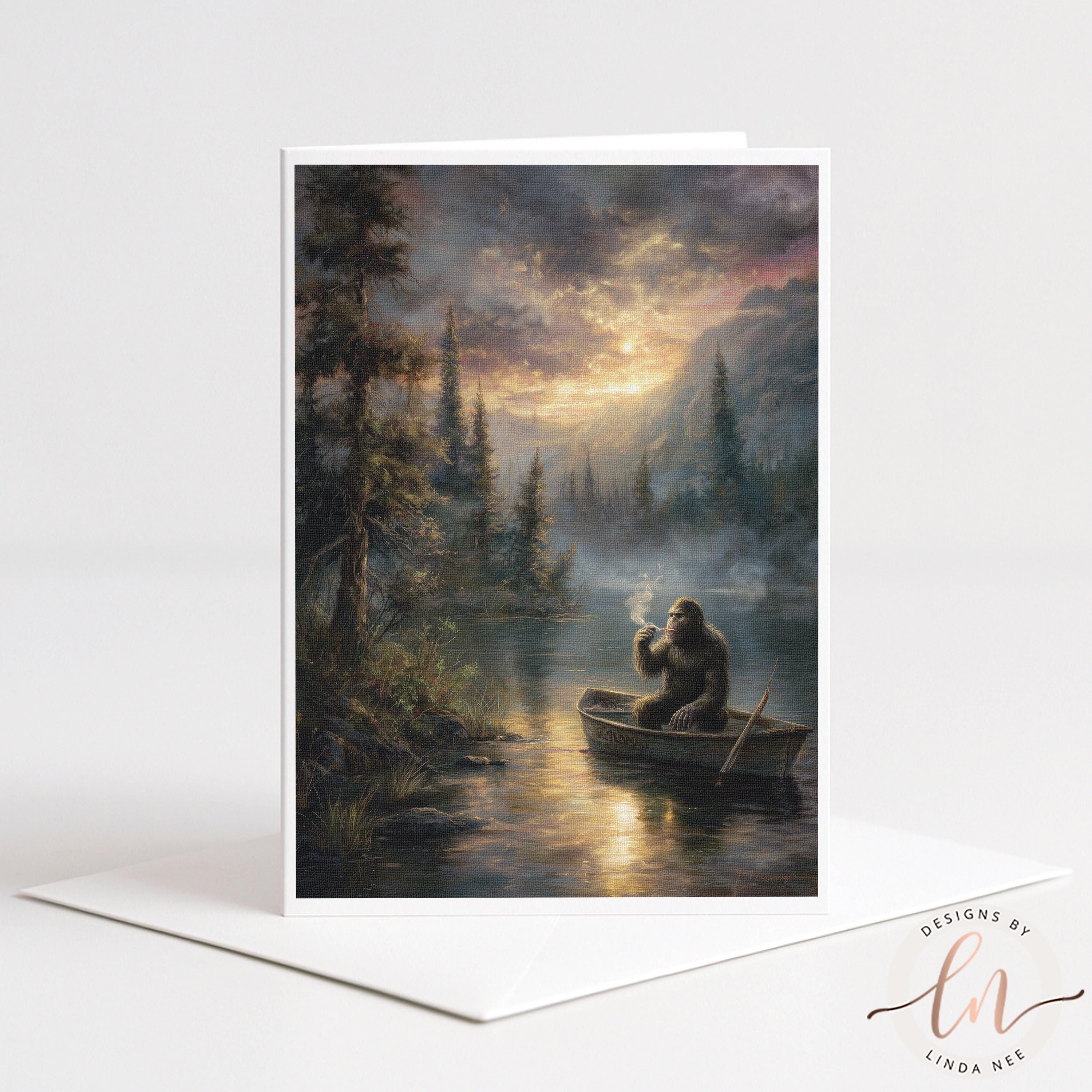 A painting of Bigfoot sitting in a boat on a river, surrounded by trees and mountains, with a dramatic sky in the background.
