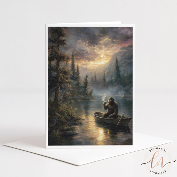Funny Bigfoot Smoking Rowboat Note Card