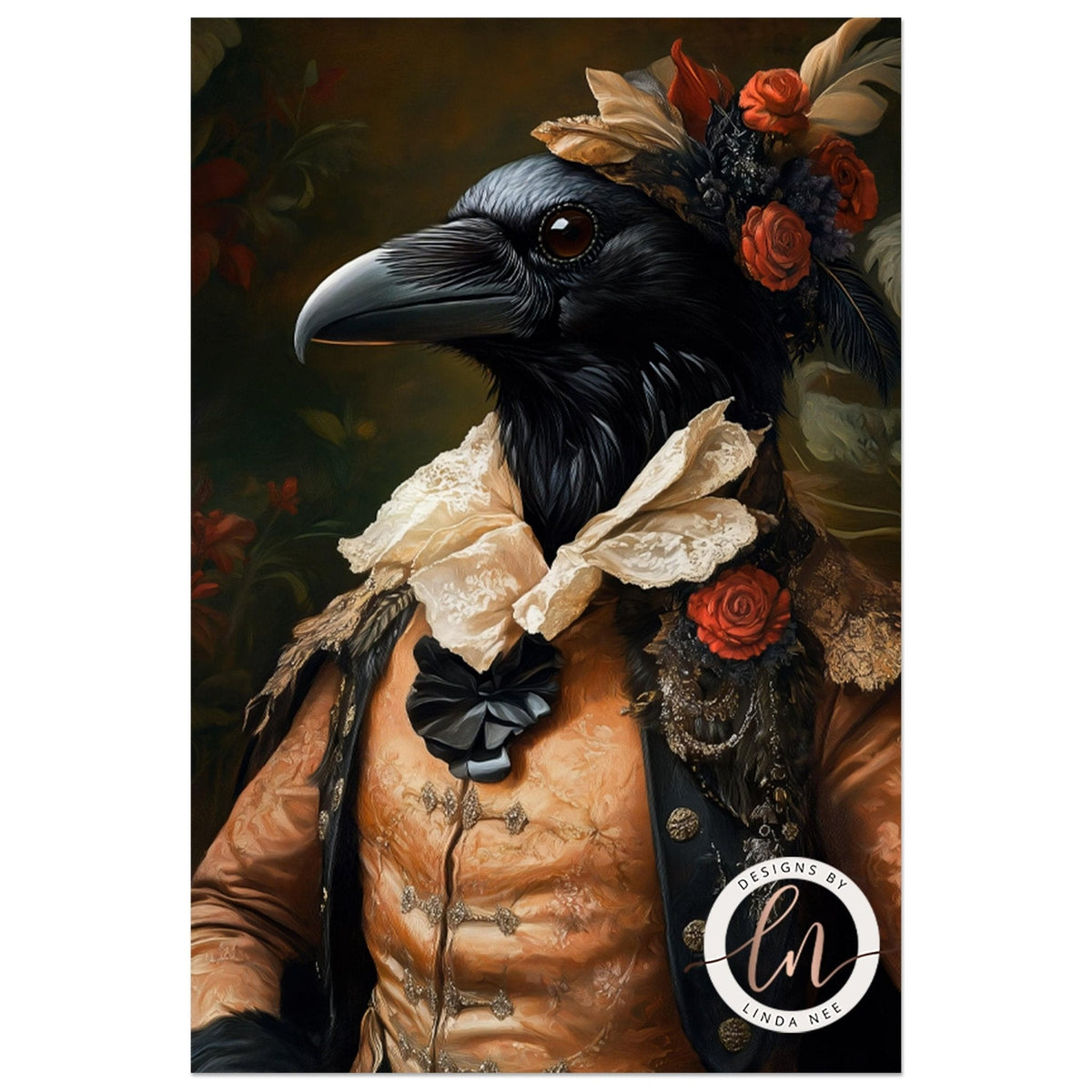 A close-up portrait of a black bird wearing an ornate, golden-colored outfit with a floral headpiece and a black bow tie.