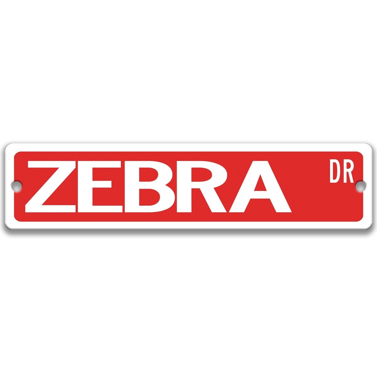 Zebra metal street sign with a red background reading ZEBRA DR