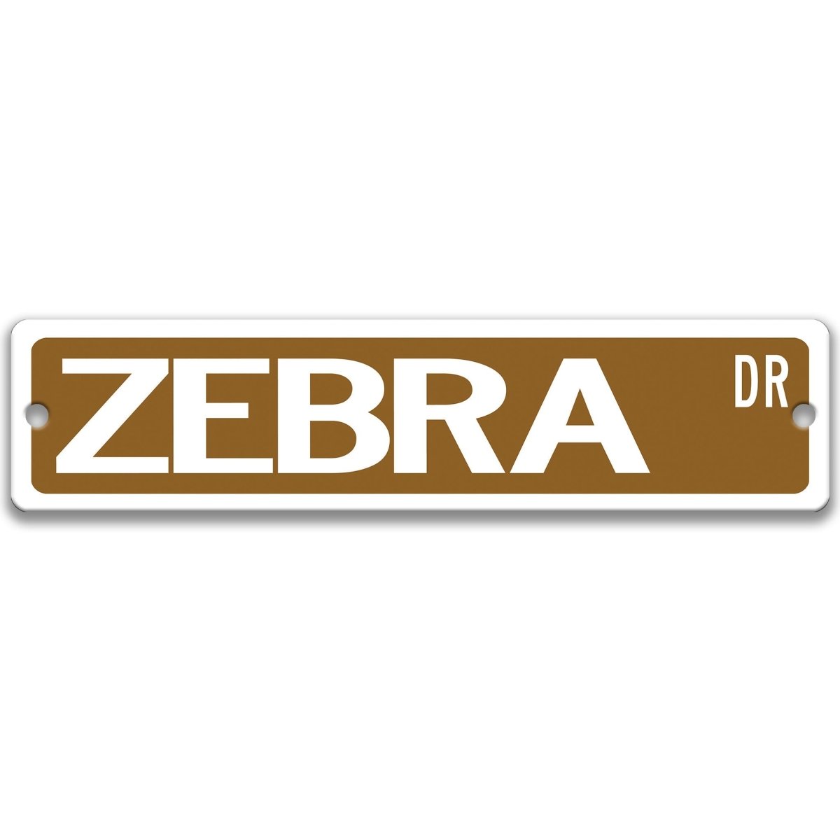 Zebra metal street sign with a brown background reading ZEBRA DR