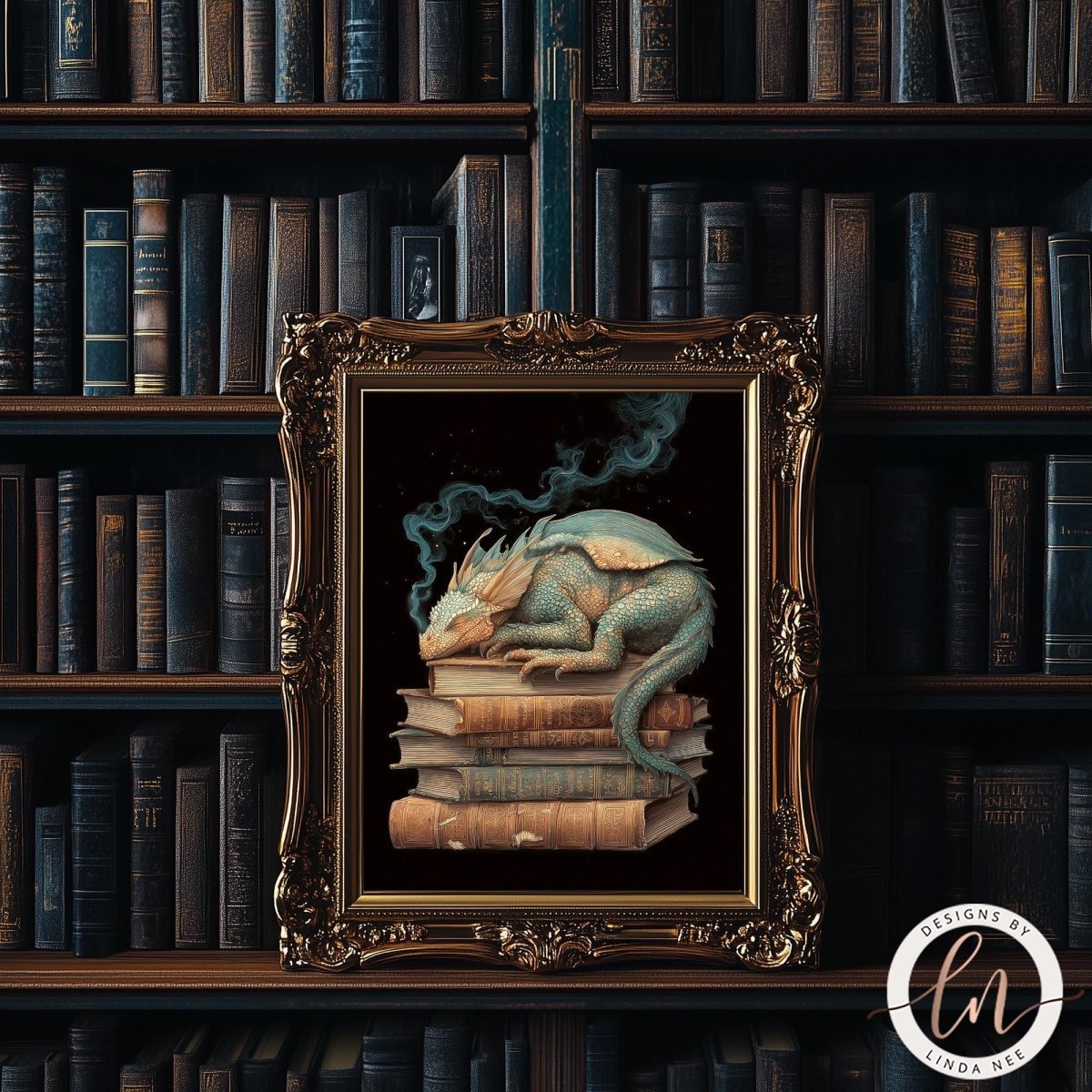 Colorful dragon on books artwork with billowing smoke