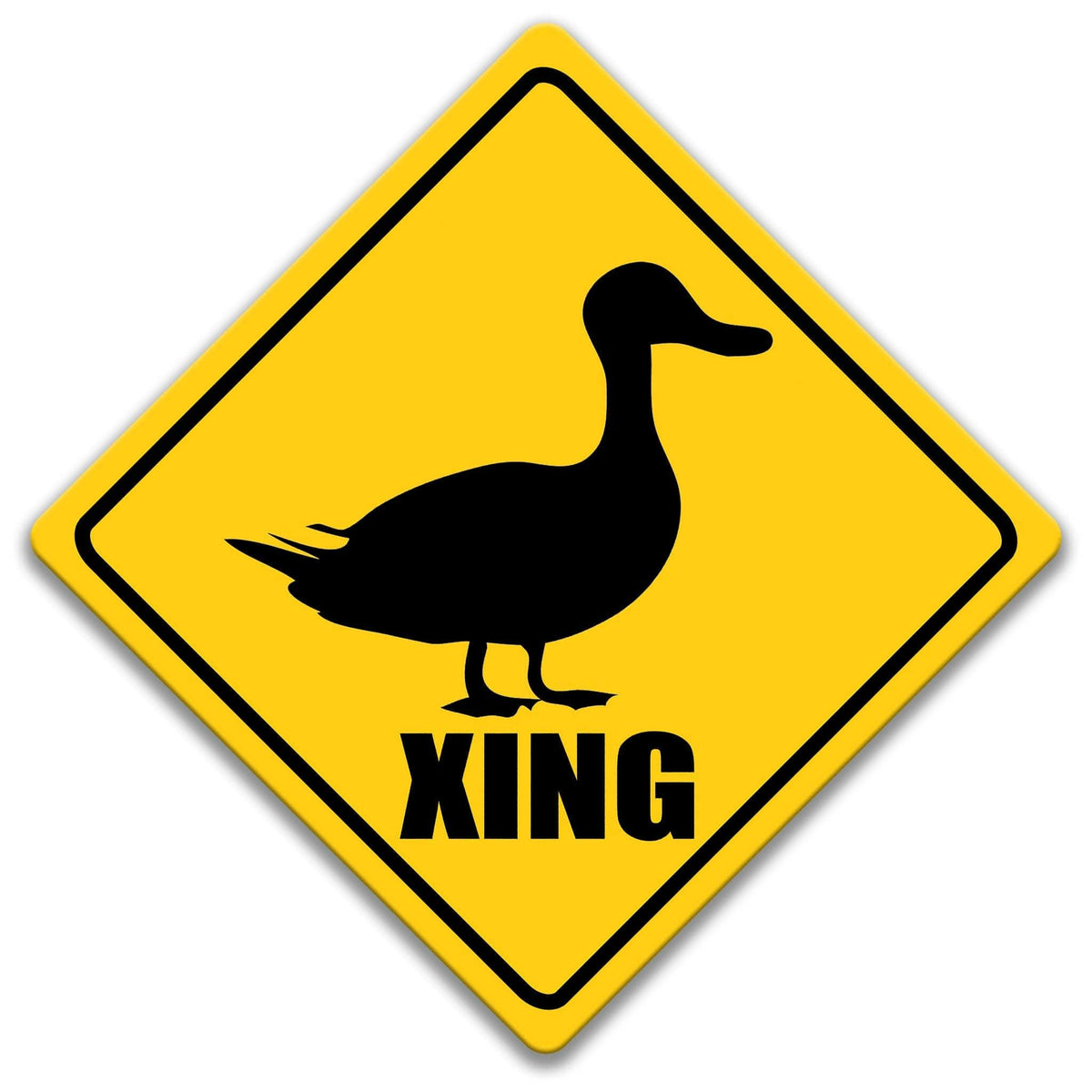 A yellow diamond-shaped sign with a black silhouette of a duck and the word "XING" below it.
