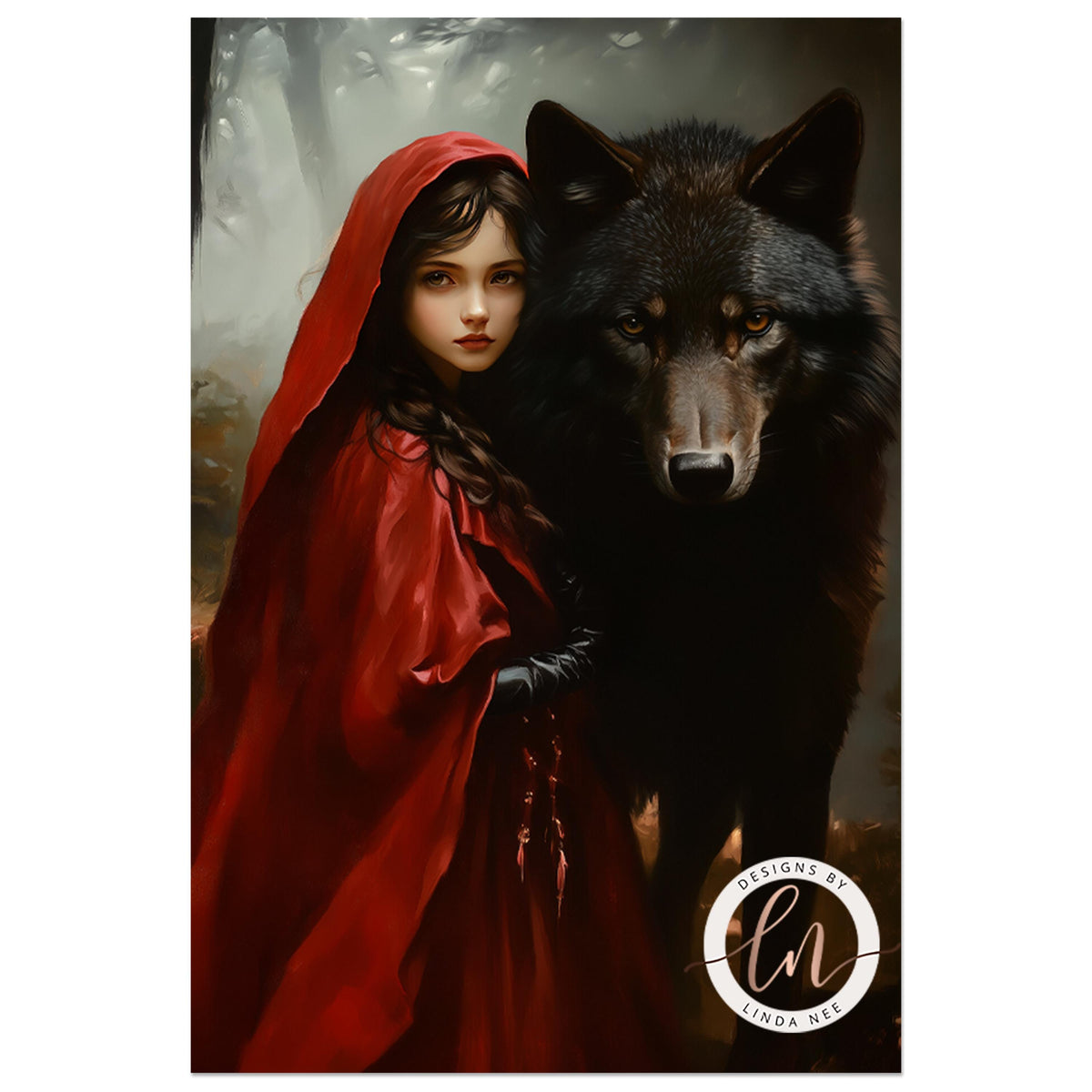 A young woman in a red hooded cloak stands next to a large black wolf in a forest setting.