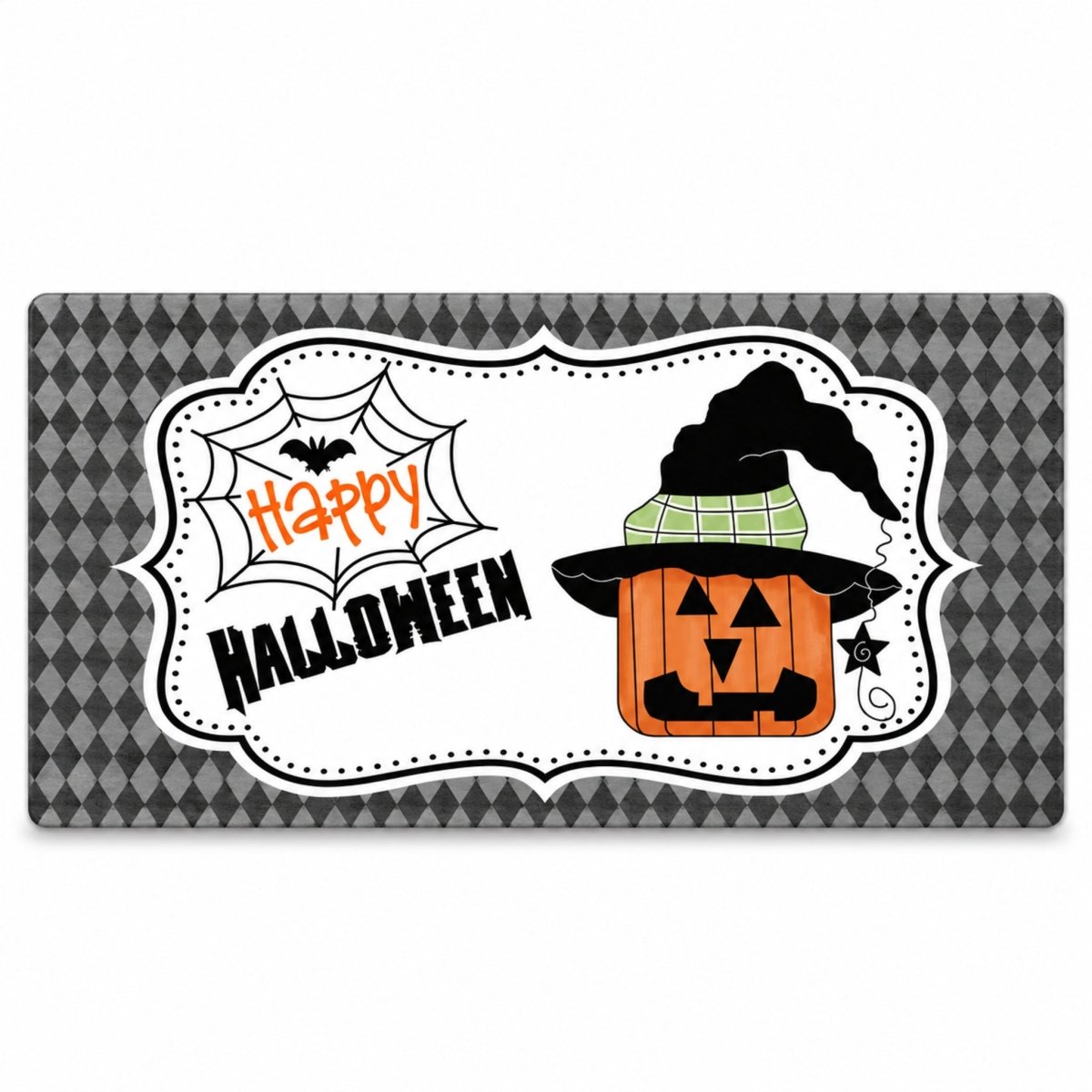 Jack O Lantern Witch Hat 6x12 metal wreath sign with a Happy Halloween pumpkin in a witch hat