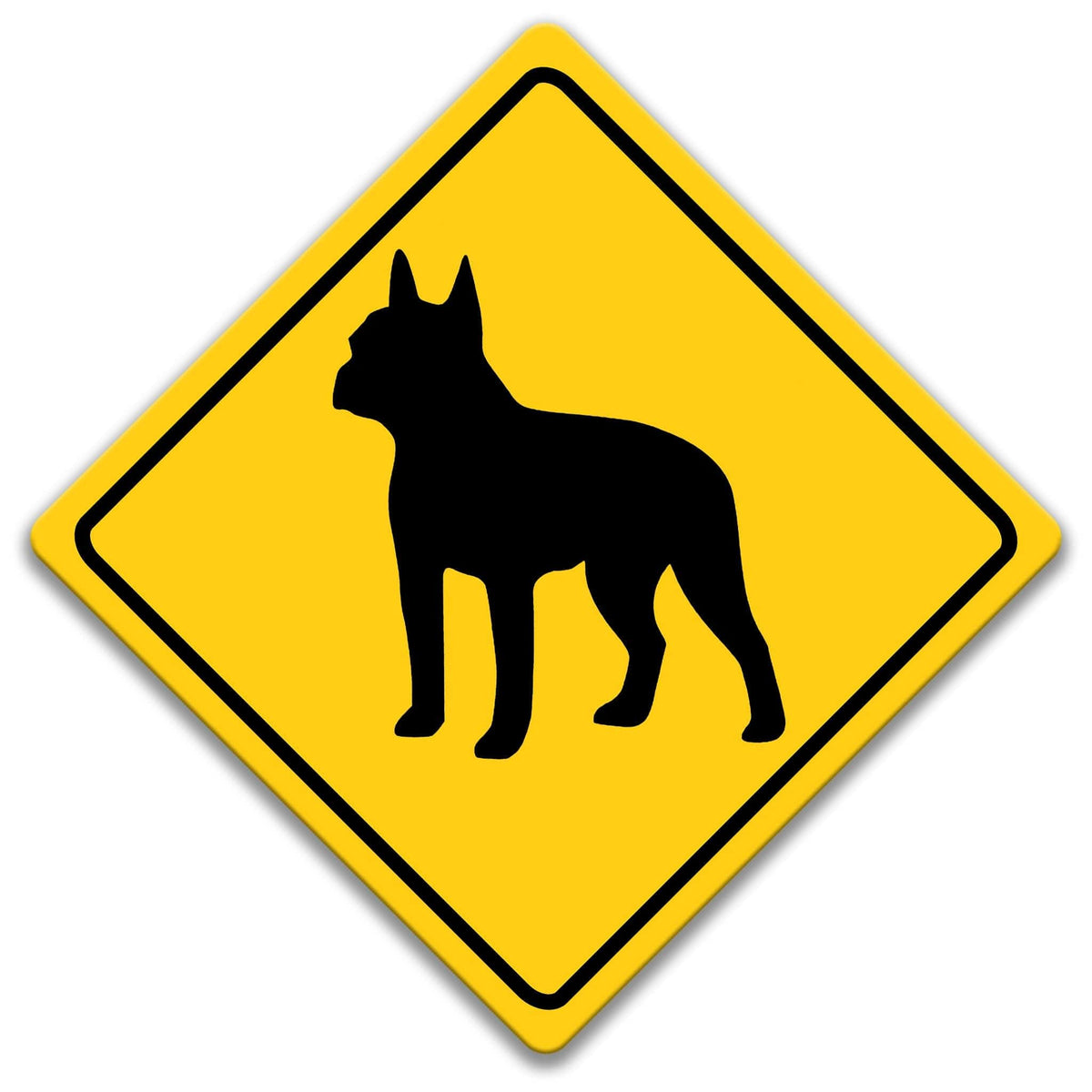 A yellow diamond-shaped road sign with a black silhouette of a dog in the center.