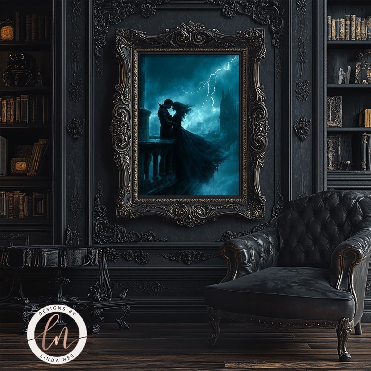Vampire couple on a balcony silhouetted against a stormy sky