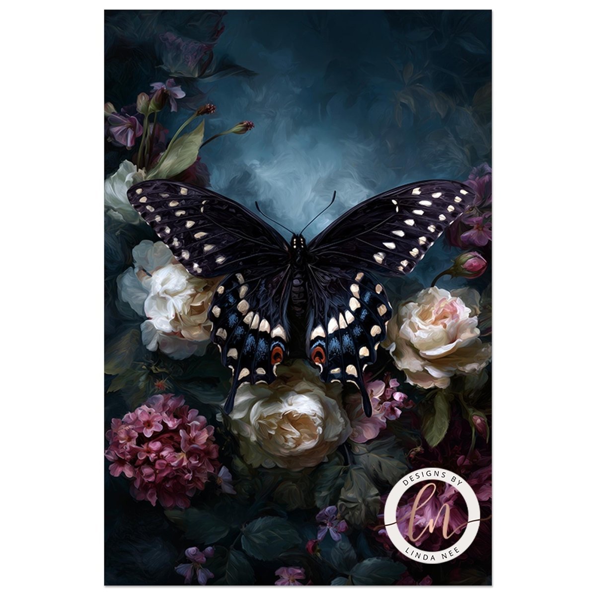 Black butterfly with white spots among garden roses