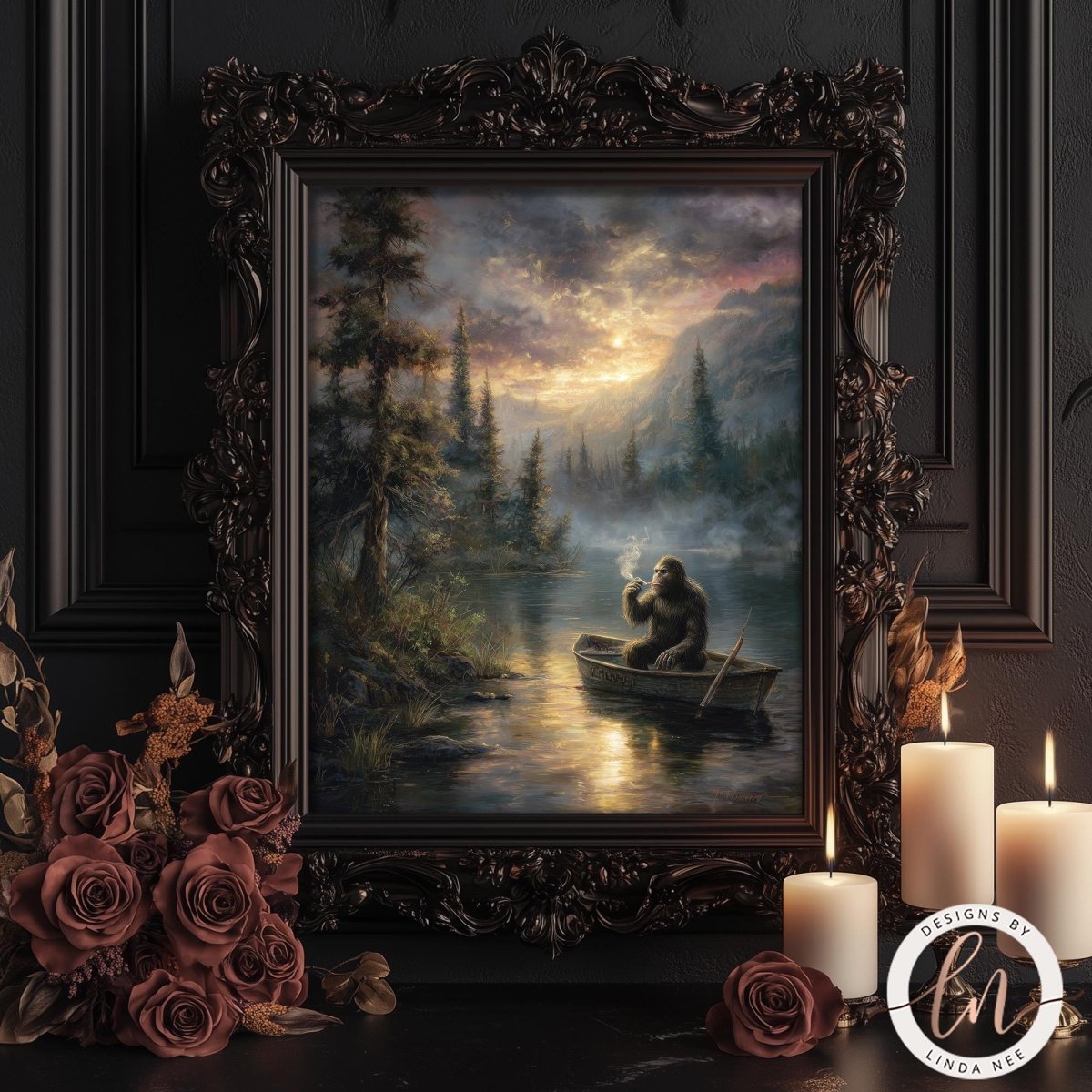 a painting of a Bigfoot sitting in a boat on a river, surrounded by a forest landscape with a sunset in the background. The painting is framed and displayed on a dark surface, with candles and flowers in the foreground.