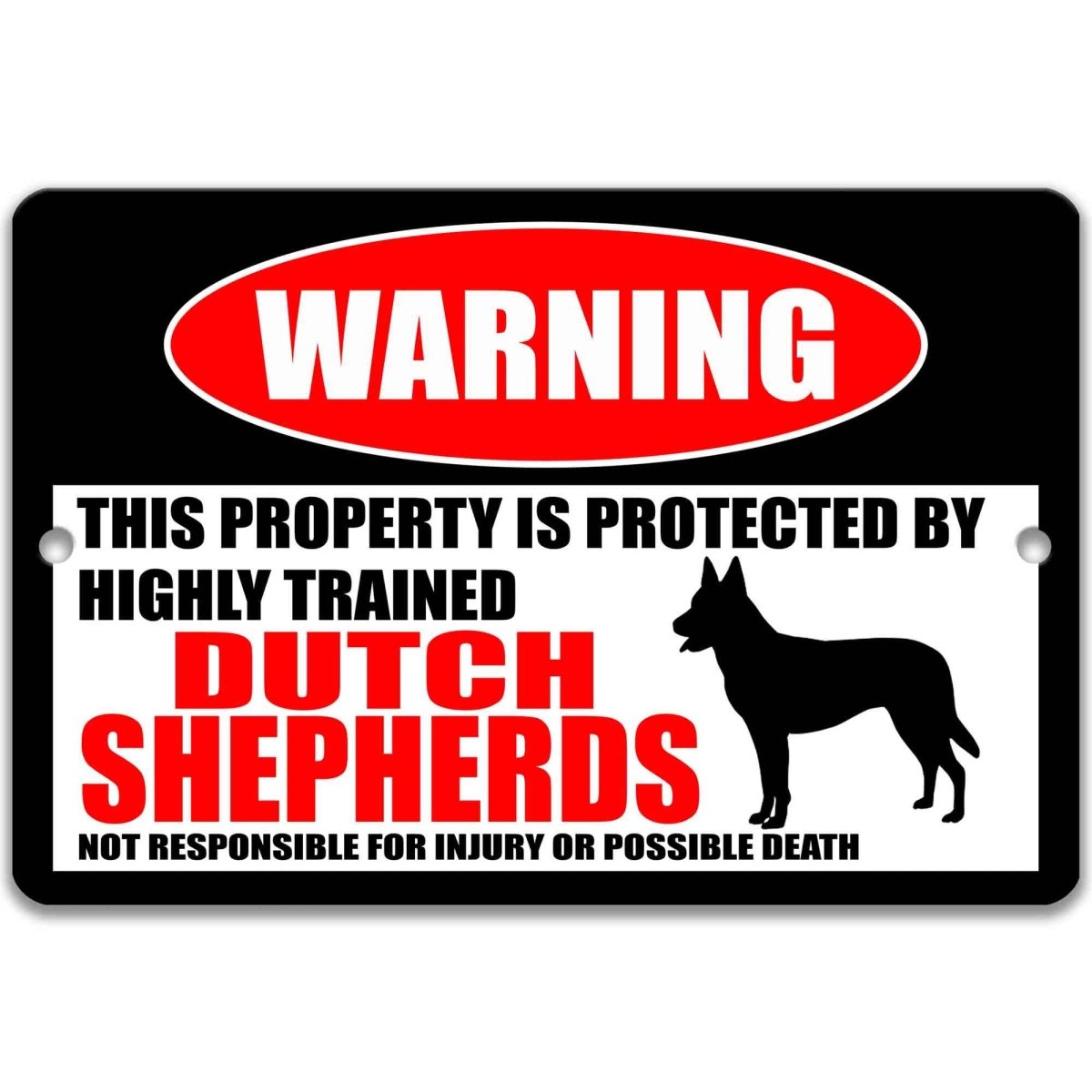 Dutch Shepherd K9 warning metal sign, glossy black, red WARNING oval and alert shepherd dog silhouette