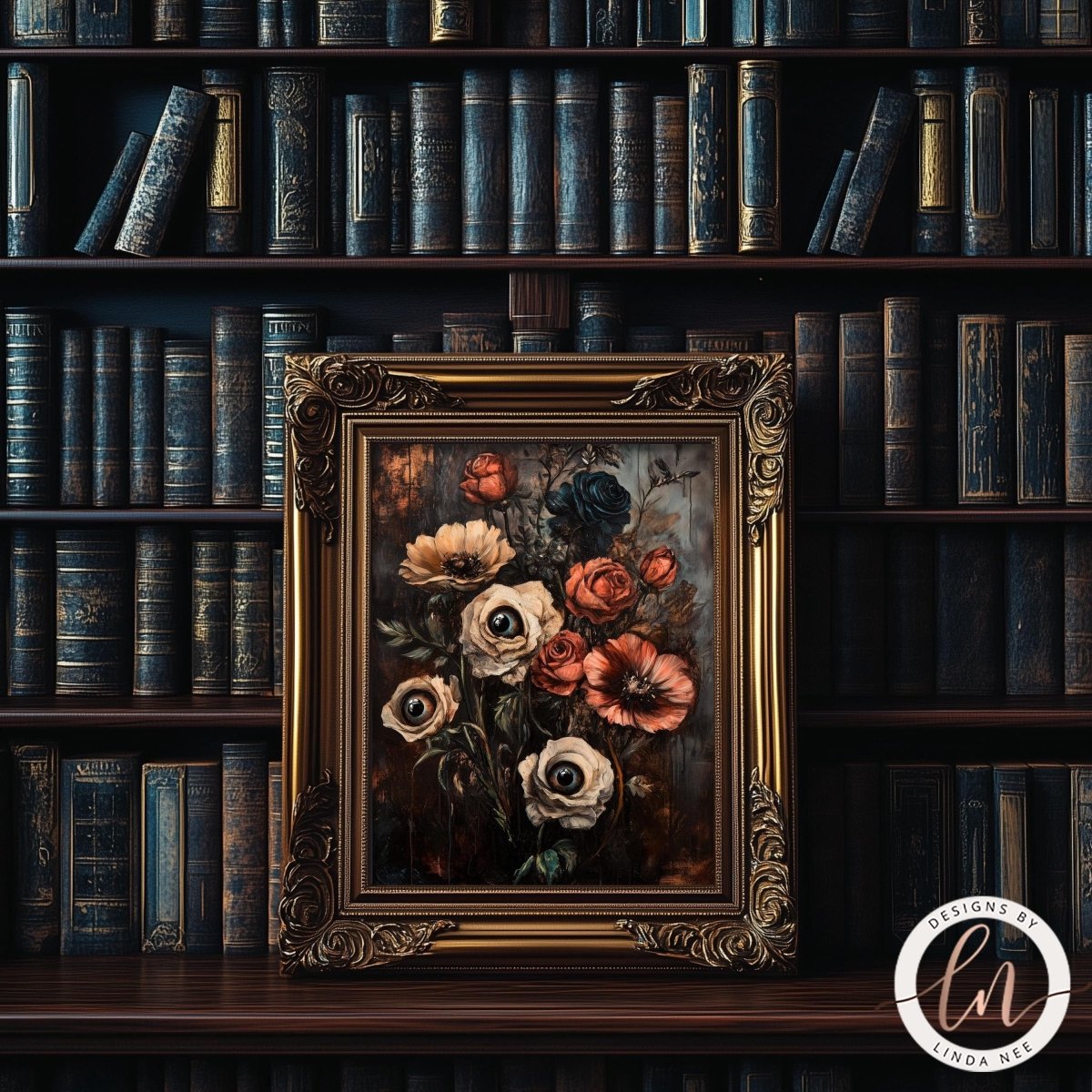 Floral bouquet artwork displayed on a wooden shelf near a bookshelf