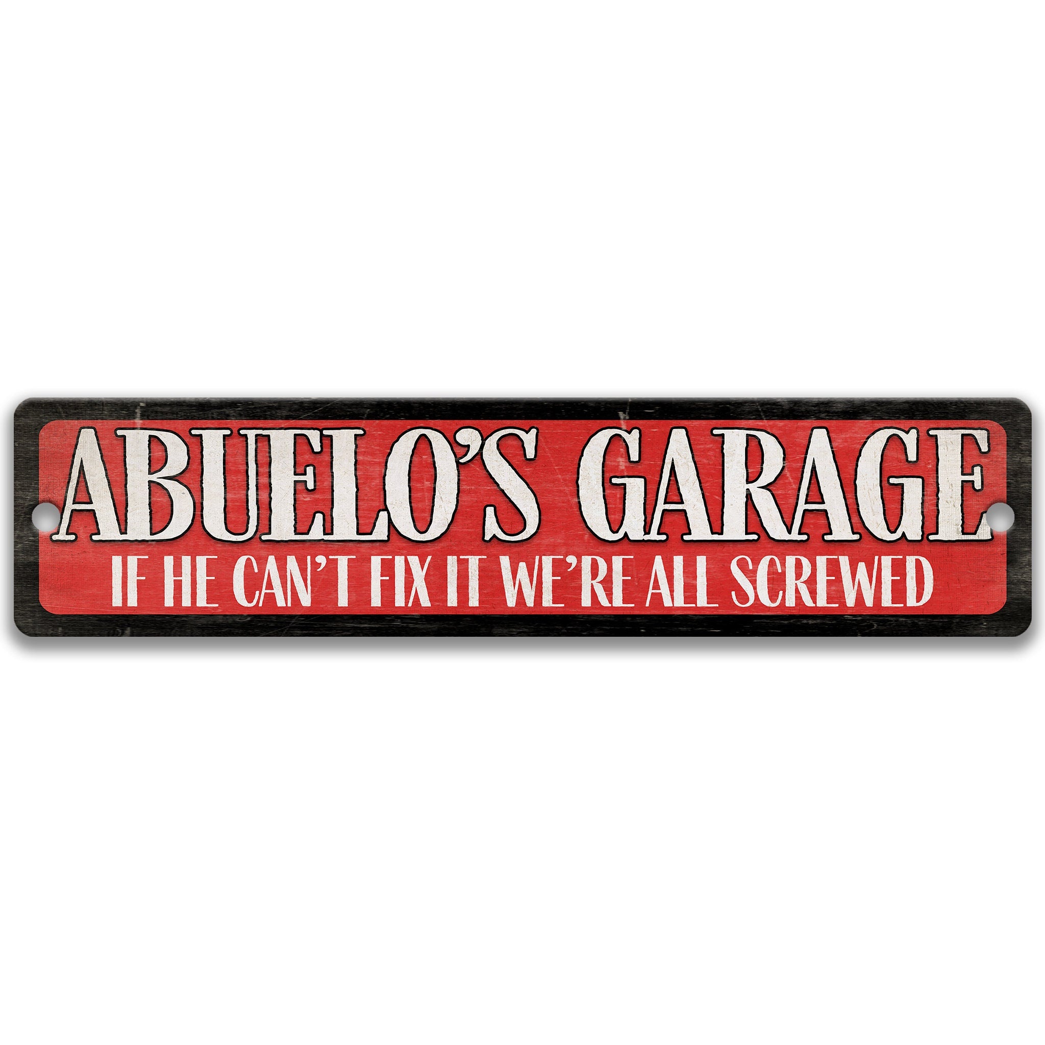a sign with the text "Abuelo's Garage" in a red and black color scheme.
