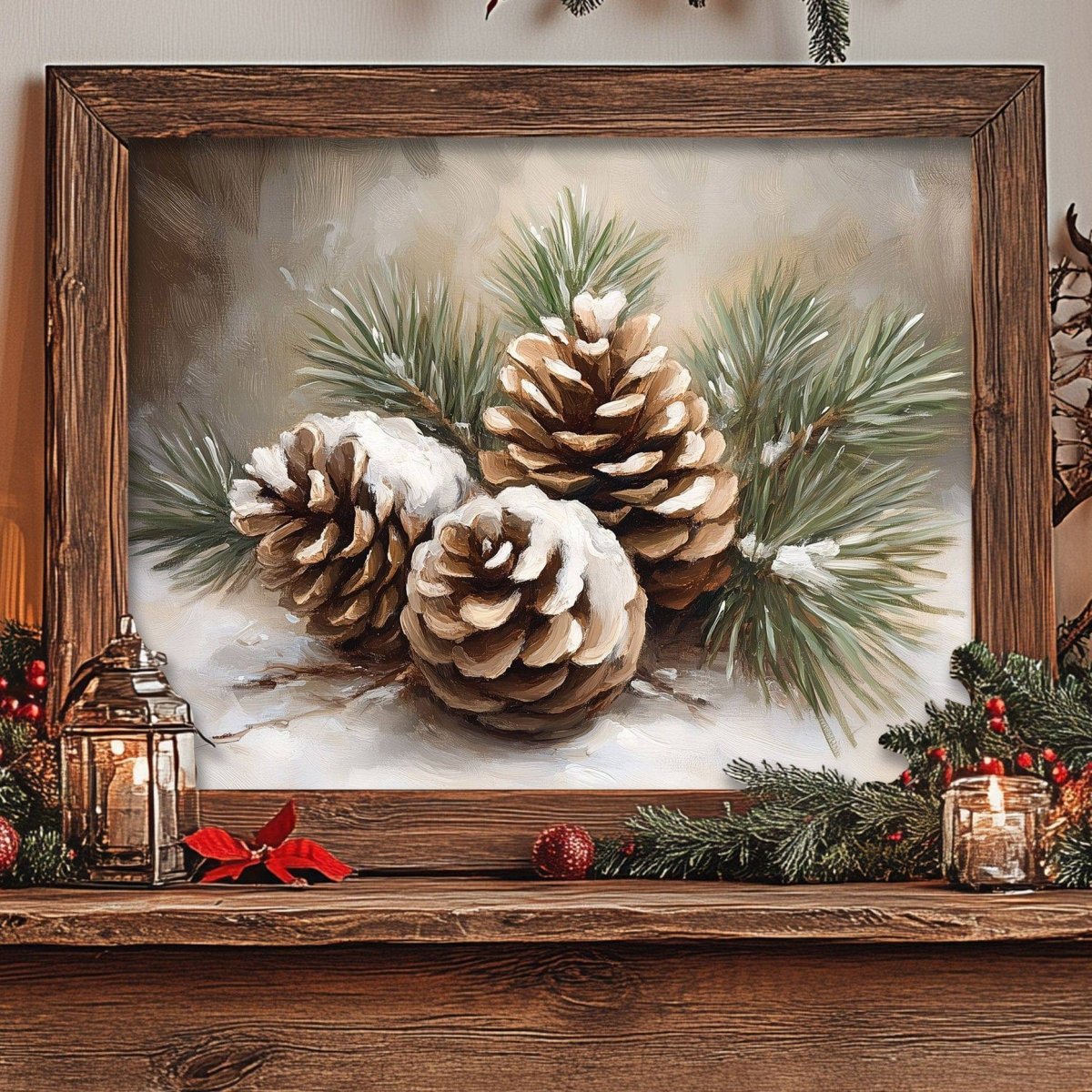 Pine cone still life print styled on a shelf with a lantern, berries and a red bow
