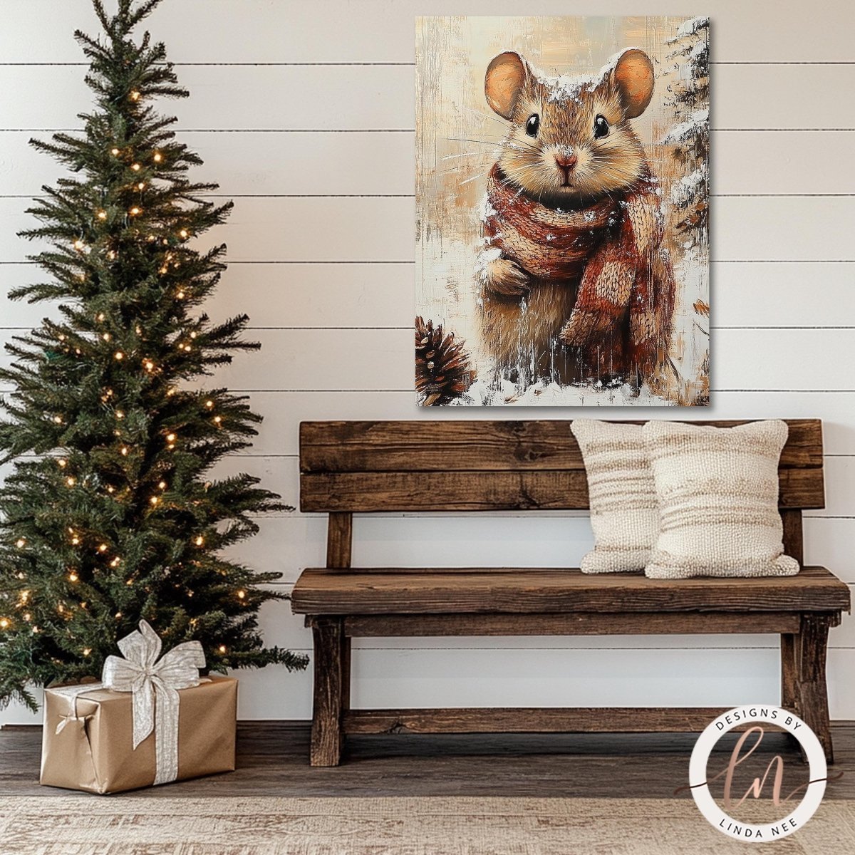 a cozy Christmas scene with a wooden bench, a decorated Christmas tree, and a framed painting of a cute mouse wearing a scarf.