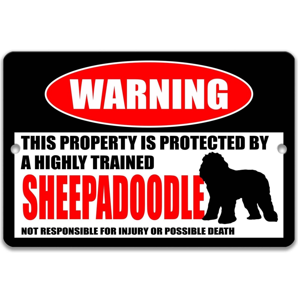 Sheepadoodle warning metal sign, glossy black, red WARNING oval and shaggy sheepadoodle silhouette