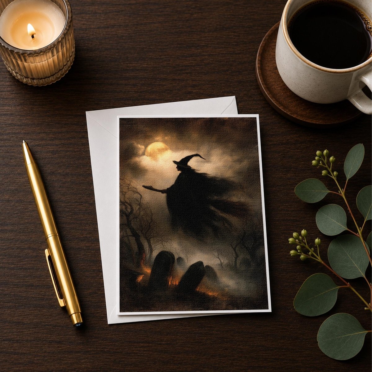 Flying witch Halloween note card styled with a candle, pen, and coffee cup on a wooden desk