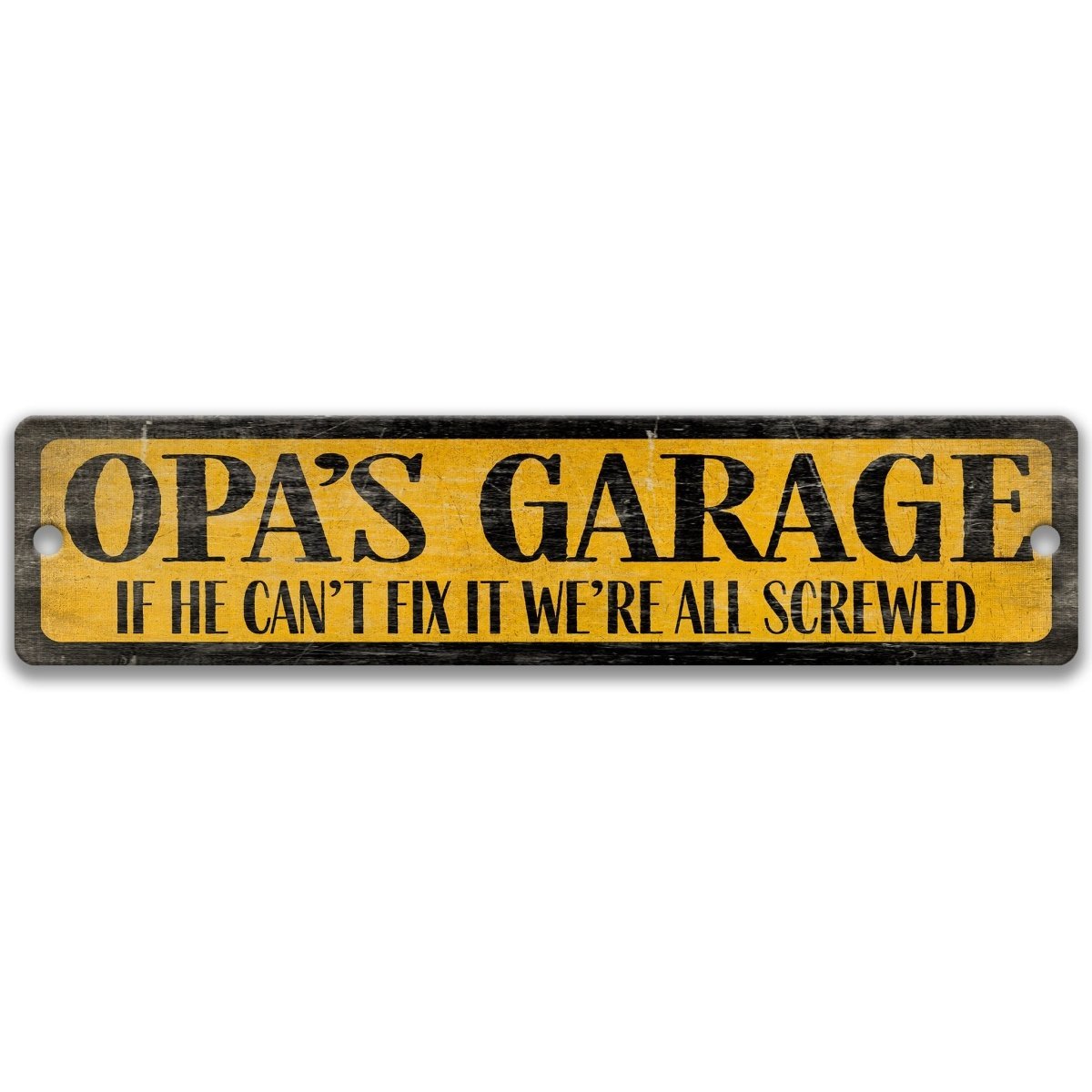 a sign with the text "OPA'S GARAGE" in a bold, black font on a yellow background.