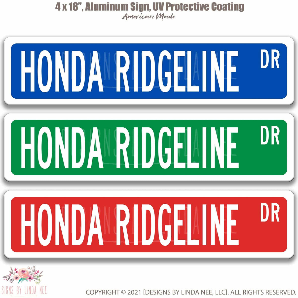 Honda Ridgeline DR street name sign shown in three aluminum color options