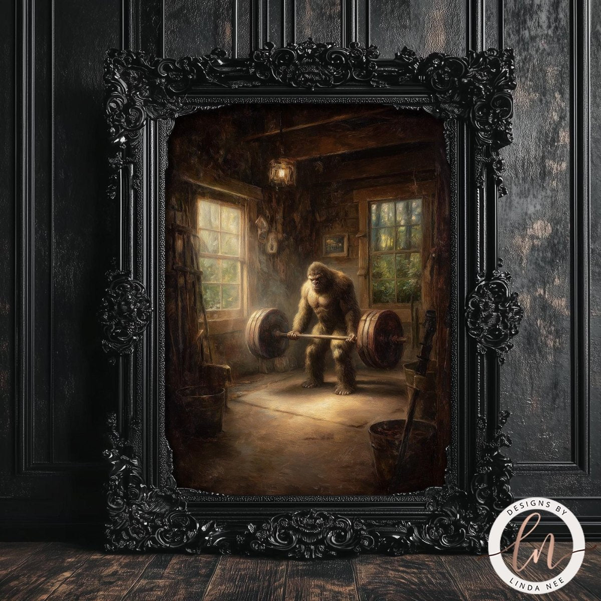 a large, furry creature lifting a heavy weight in a rustic, wooden-paneled room.