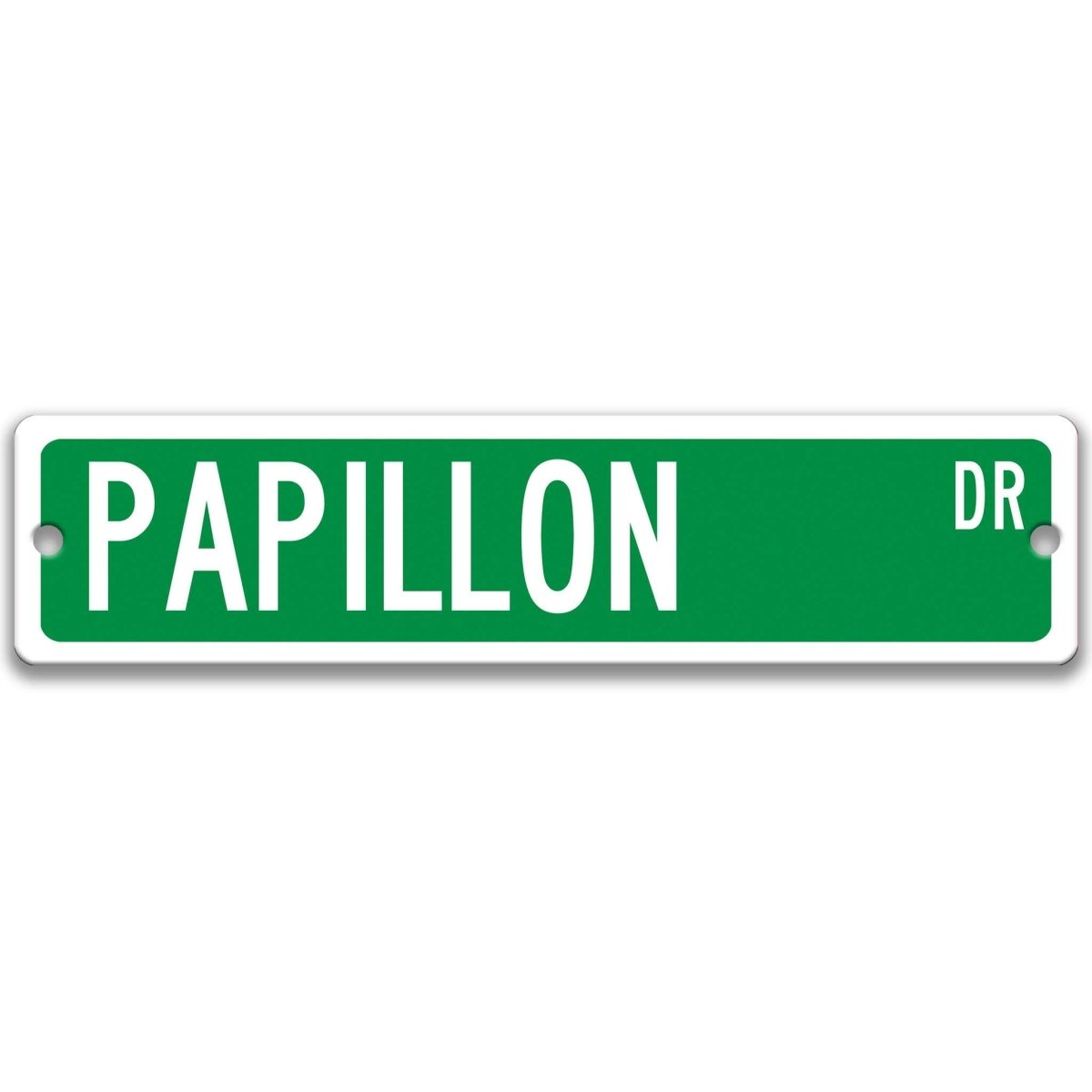Green Papillon DR aluminum street sign with white lettering