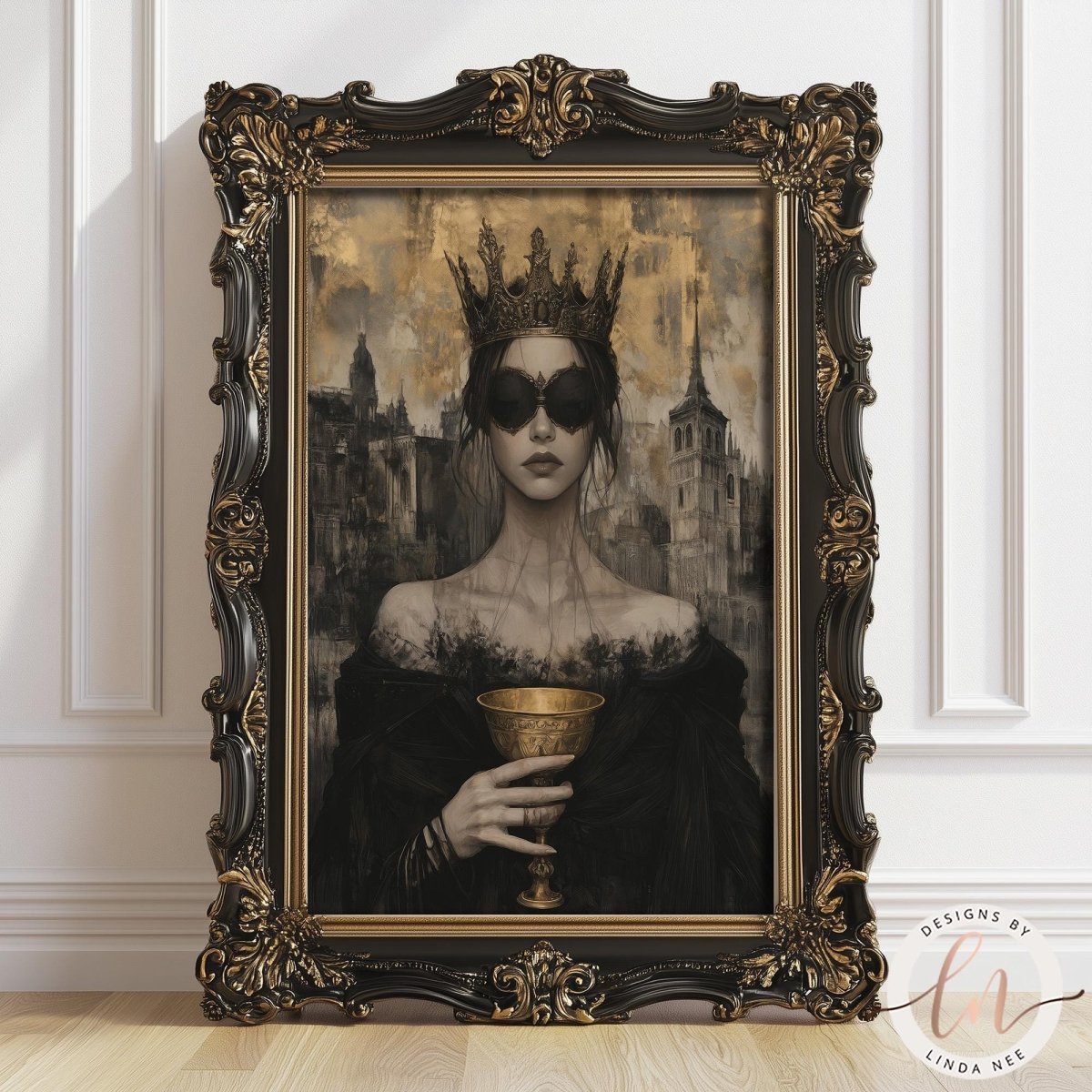 The image is a framed painting depicting a woman wearing a crown and holding a golden chalice, set against a dark, moody background with a cityscape.
