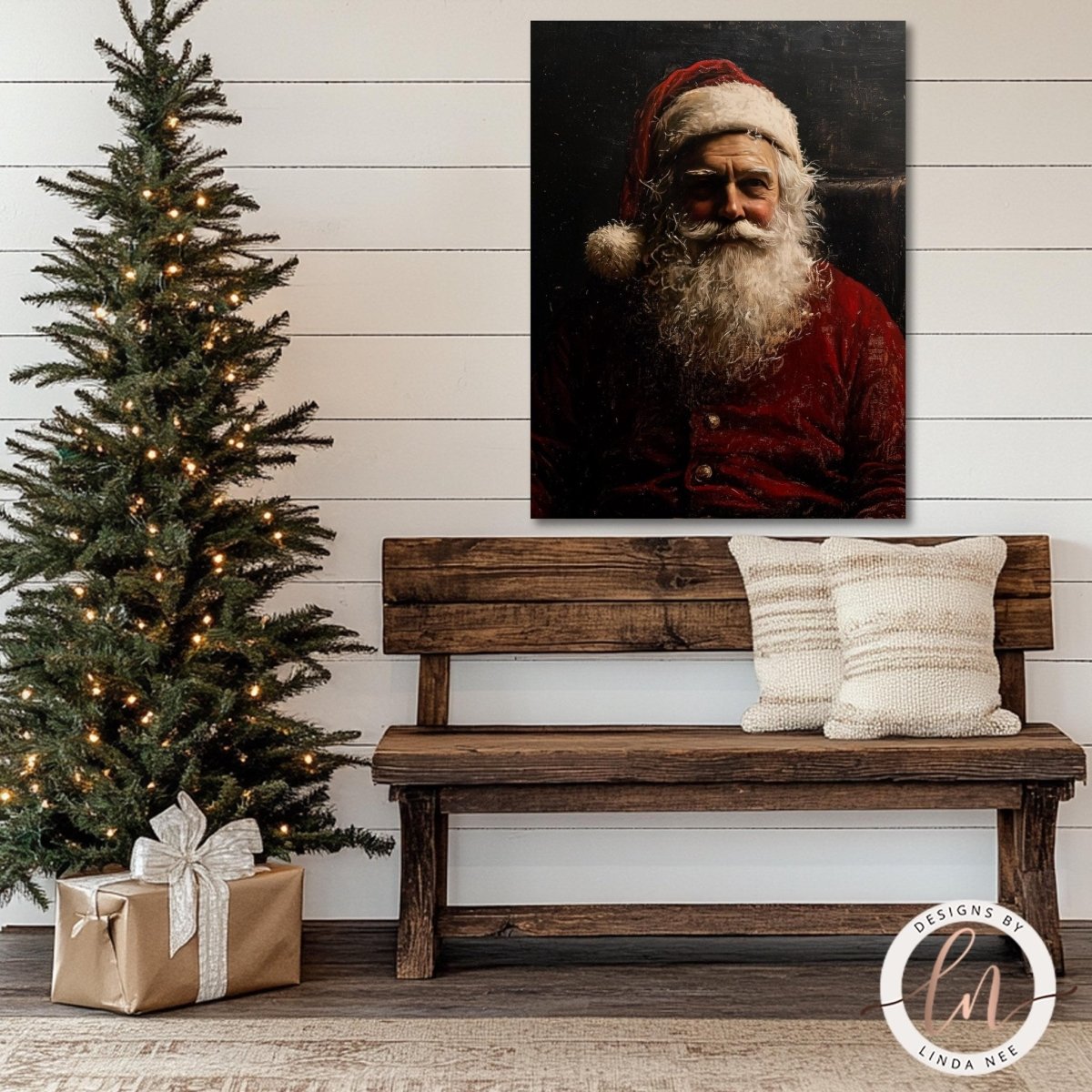 Old world Santa portrait hung beside a decorated tree and a wooden bench
