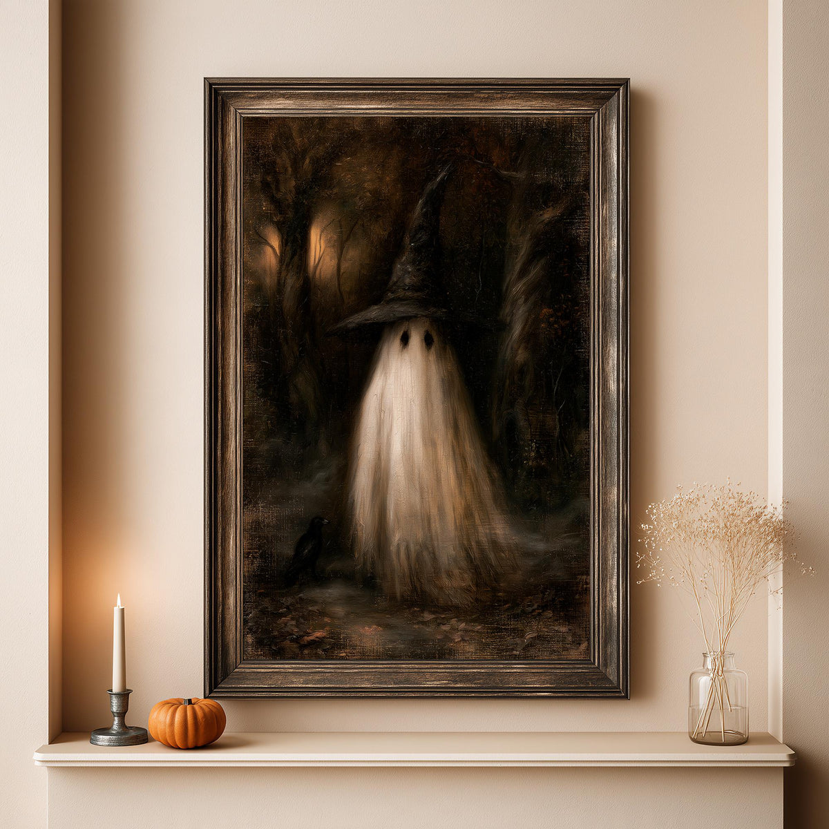 Full artwork view of the sheet ghost in its black hat among the shadowed trees