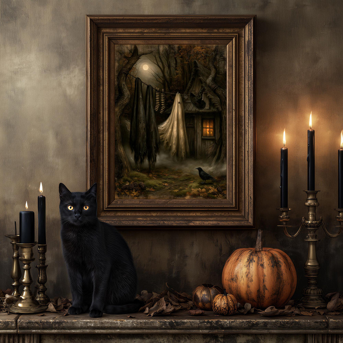 Black cat on a mantel beneath the witch's cottage art print and a small pumpkin