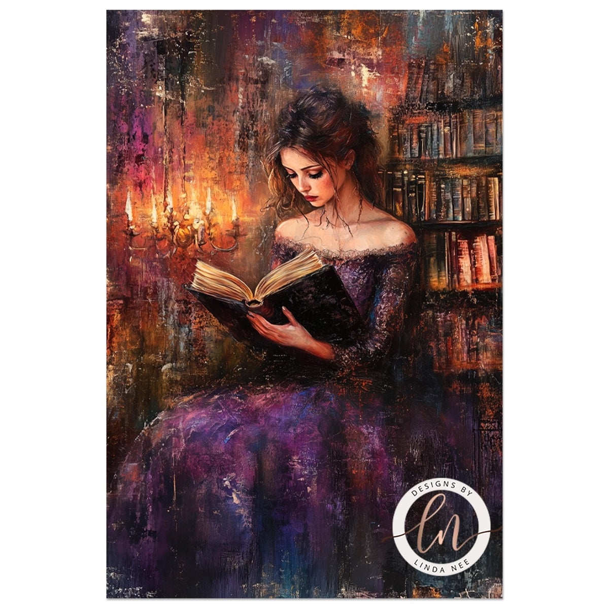 Purple dress reading scene in a quiet library setting