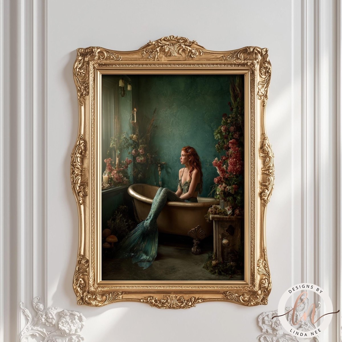 A dark, moody fine art image of a mermaid with long, wavy red hair sitting in a vintage copper bathtub. The background is a textured, deep emerald green wall adorned with botanical elements and a single candle. Her long, iridescent teal and gold tail drapes over the side of the tub onto the dark floor.
