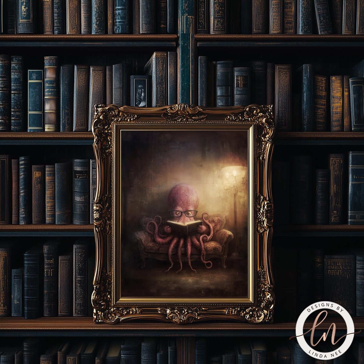 an octopus sitting on a chair and reading a book, with a gilded frame surrounding the artwork.