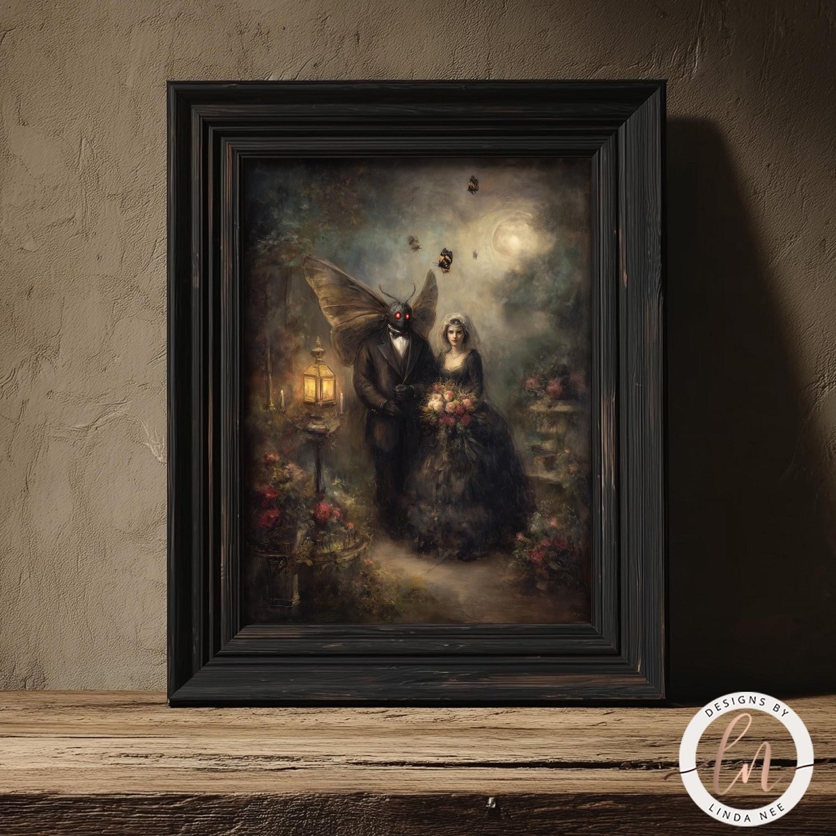 The image is a framed painting depicting a couple in a romantic scene, with a winged creature, possibly a fairy or dragon, standing over them.