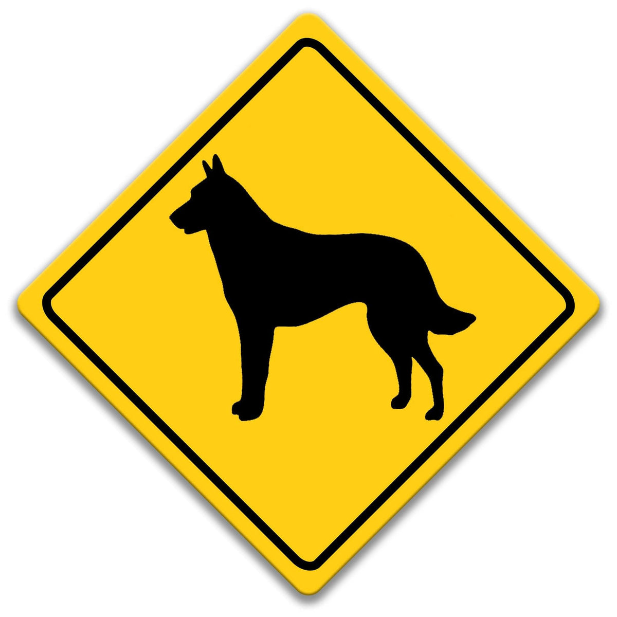 A yellow diamond-shaped road sign with a black silhouette of a dog in the center.