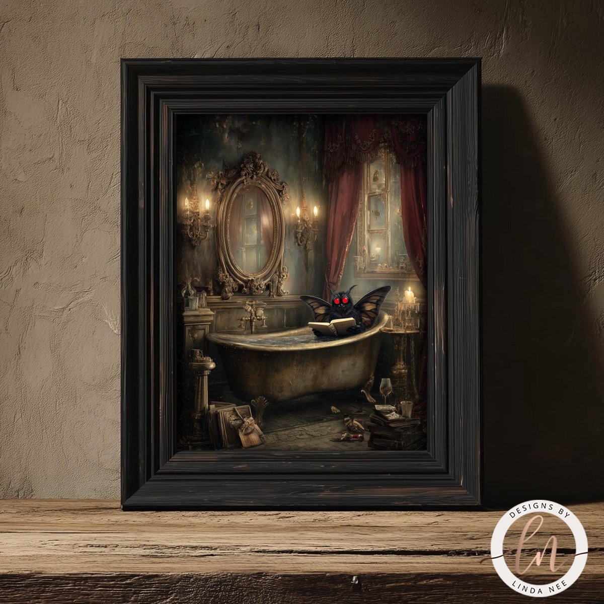 A framed painting depicting a bat resting on a bathtub in a dimly lit, ornately decorated bathroom.