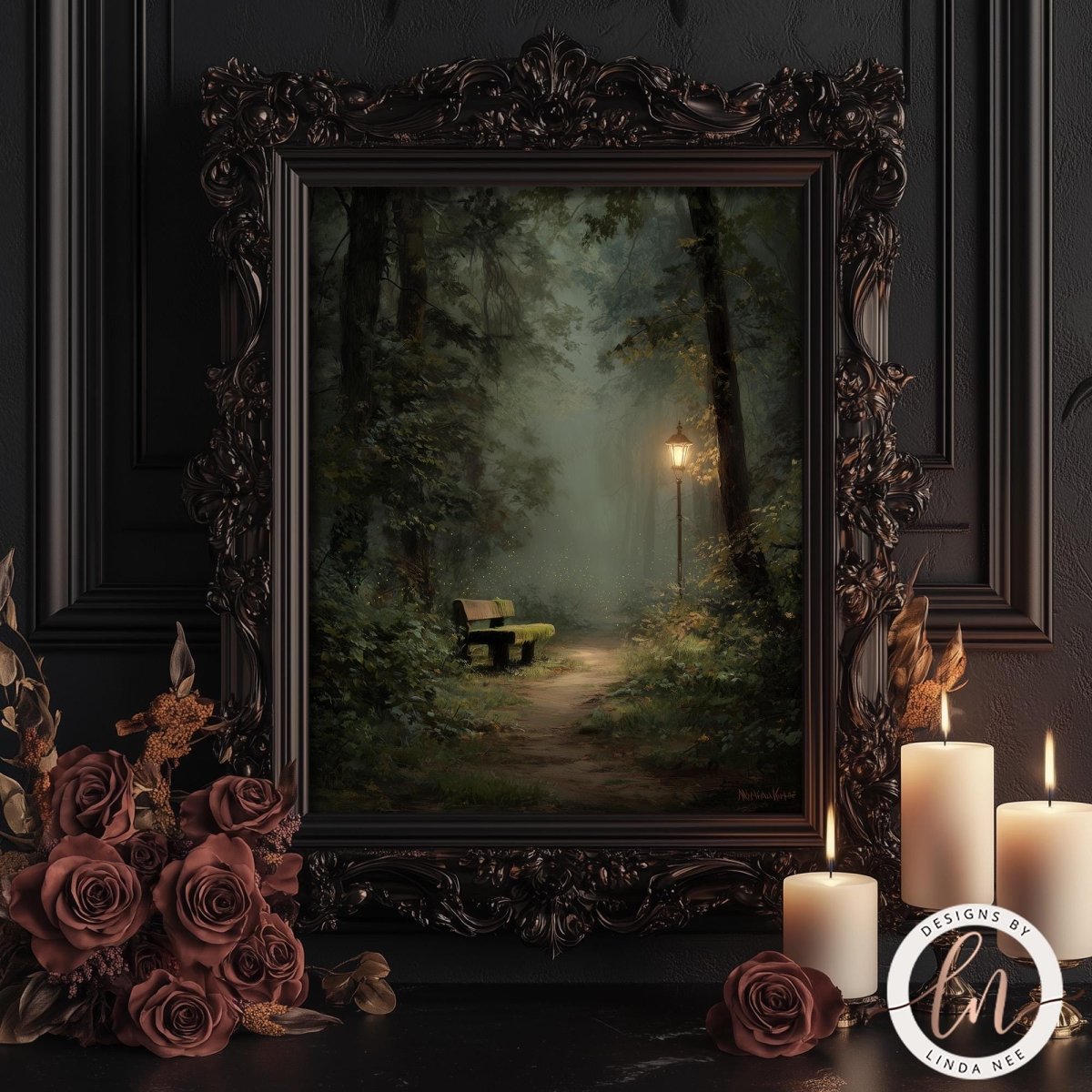 a painting of a serene forest path with a bench, surrounded by lush greenery and a soft, foggy atmosphere. The painting is framed in an ornate wooden frame and is displayed on a dark surface, with three lit candles and a bouquet of roses arranged in front of it.