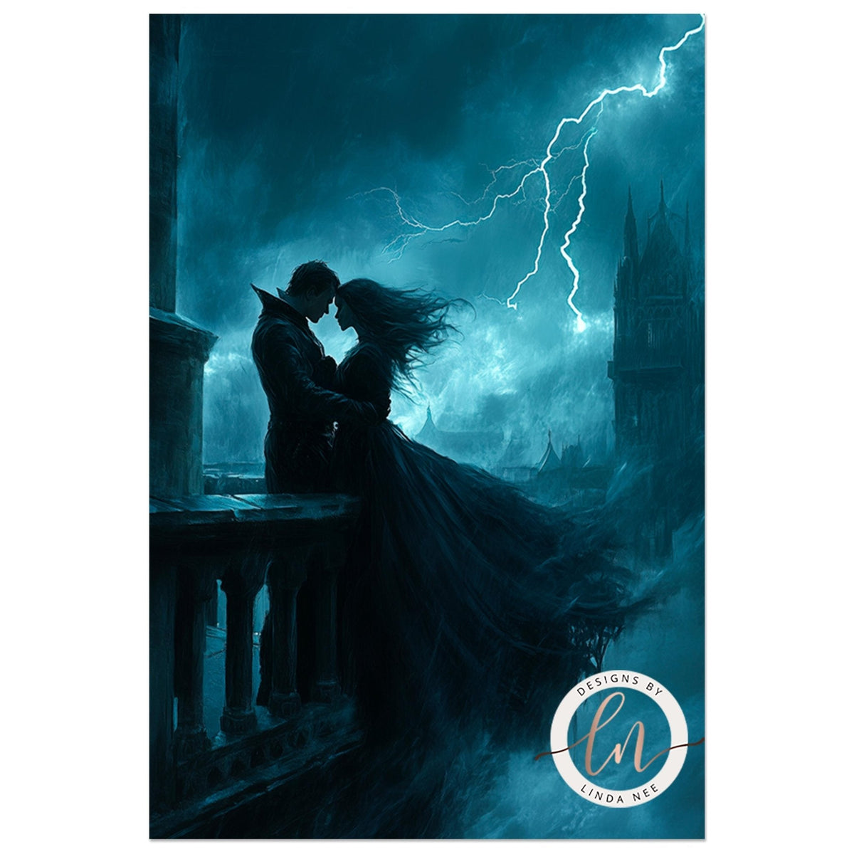 a dark, moody scene with a couple embracing in the center, framed by an ornate, gilded frame. The background depicts a stormy sky with lightning. The room has a dark, gothic-inspired decor, including a leather armchair and a bookshelf filled with books.