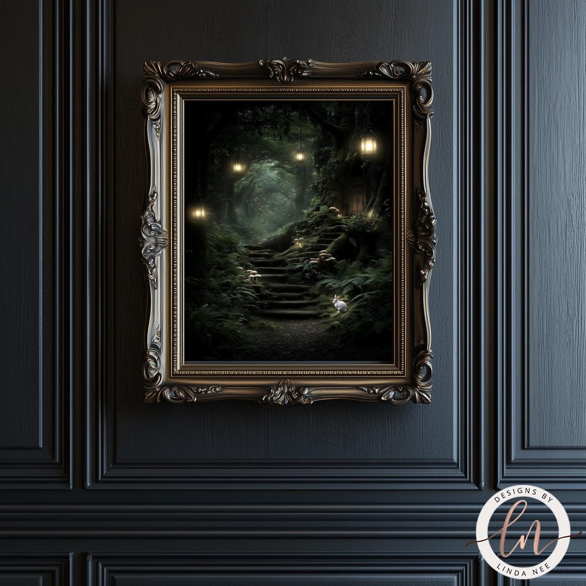 a dark, ornate frame with a painting of a forest path with a small rabbit in the distance.