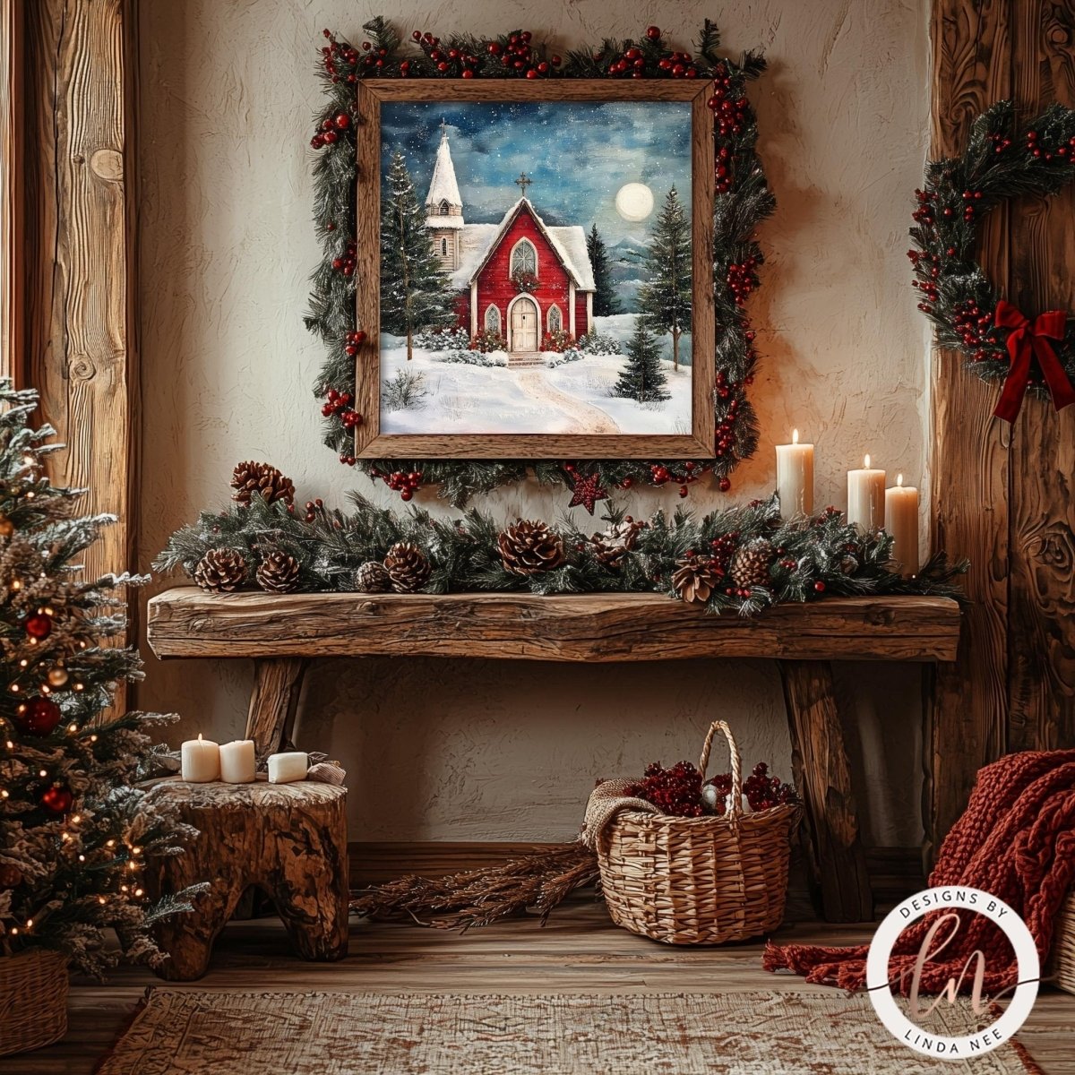 Red church art print displayed on a rustic wooden mantel with candles