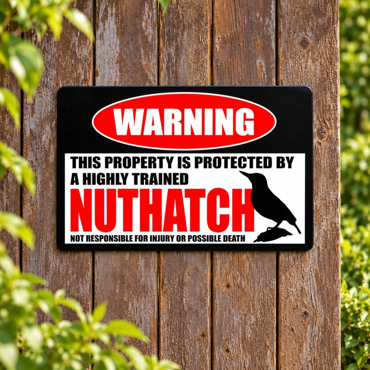 Highly trained nuthatch metal warning sign with the line not responsible for injury or possible death