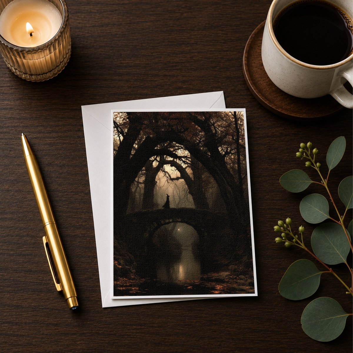 Witch on stone bridge Halloween note card styled with a candle, pen, and coffee cup on a wooden desk