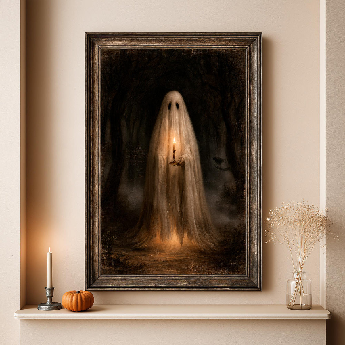 Large ghost painting above a shelf holding a small pumpkin and a glass vase